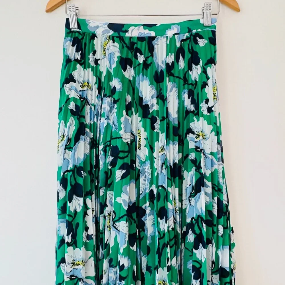 Anthropologie Maeve Floral Green Pleated Midi‎ Skirt Size X-Small